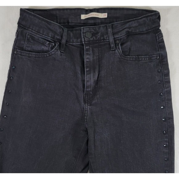 Levis 721 High Rise Skinny Stretch Jeans Size 29 Black Denim Rhinestone Stripe - Picture 2 of 16